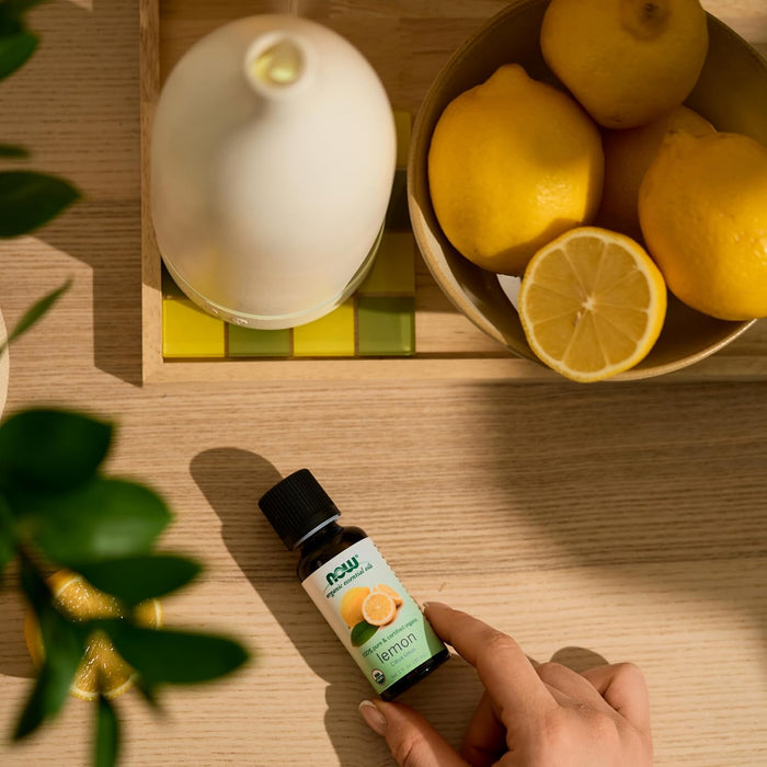 NOW Essential Oils, Organic Lemon Oil, Cheerful Aromatherapy Scent, Cold Pressed, 100% Pure, Vegan, Child Resistant Cap, 1-Ounce