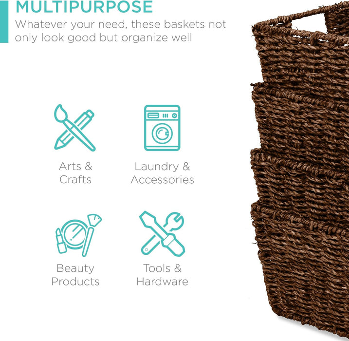 Best Choice Products Rustic Set Of 4 Multipurpose Stackable Seagrass Storage Basket, Handwoven Laundry Organizer Totes for Bedroom and Living Room, Shelves, Pantry w/Insert Handles - Brown
