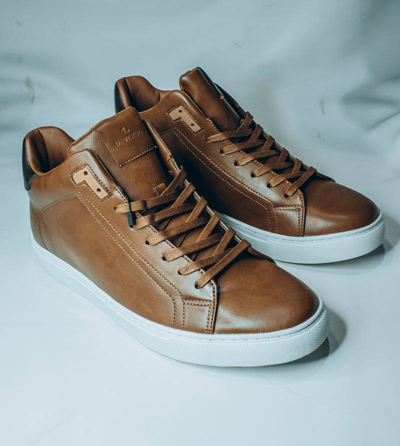 HX London men's brown leather low-top casual sneakers