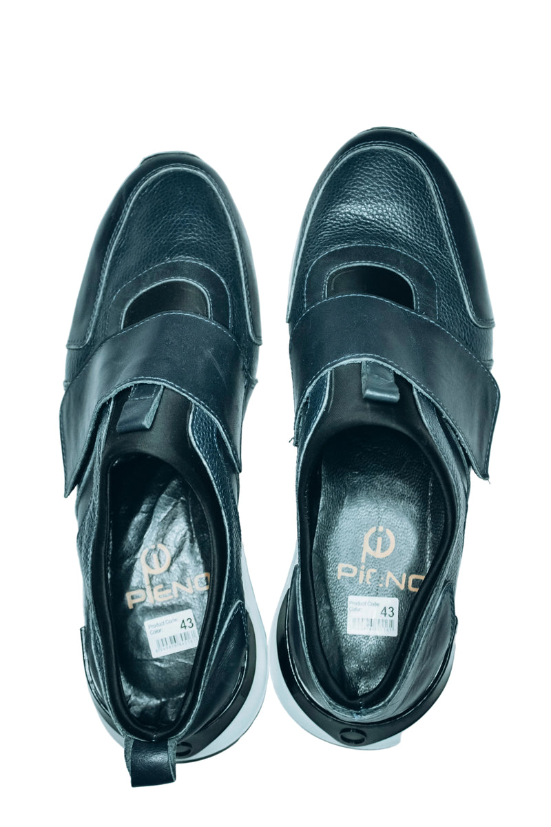 Pieno men's black leather casual shoes with dual velcro straps|Casual slip-on sneaker