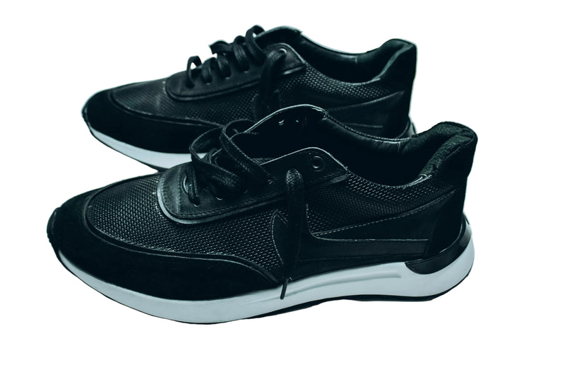 PIENO men's black leather casual low-top sneakers with white rubber soles