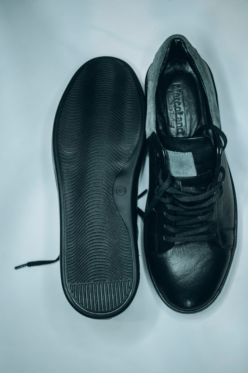 MarcoLand men's black leather casual sneakers