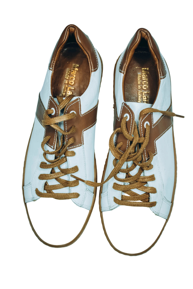 Marco Lan men's light blue and brown leather low-top sneakers