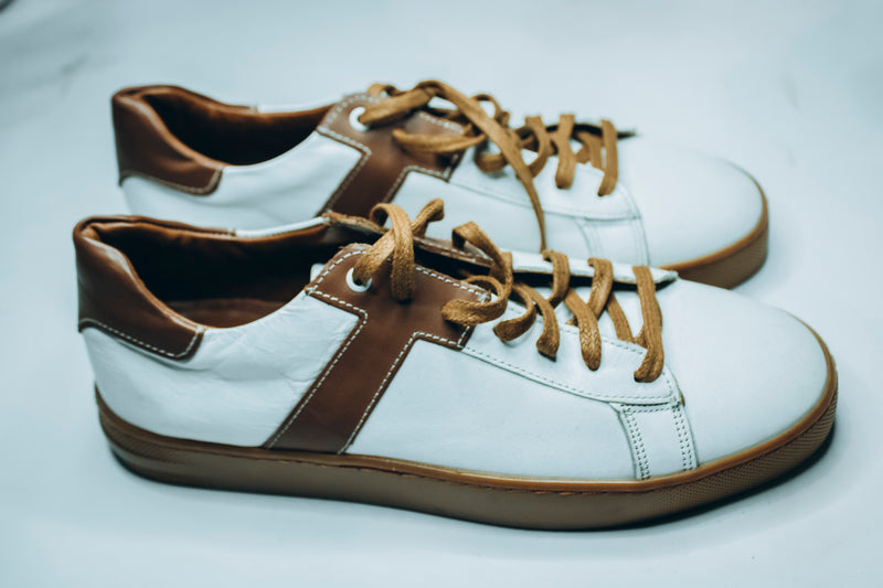 Marco Lan men's light blue and brown leather low-top sneakers