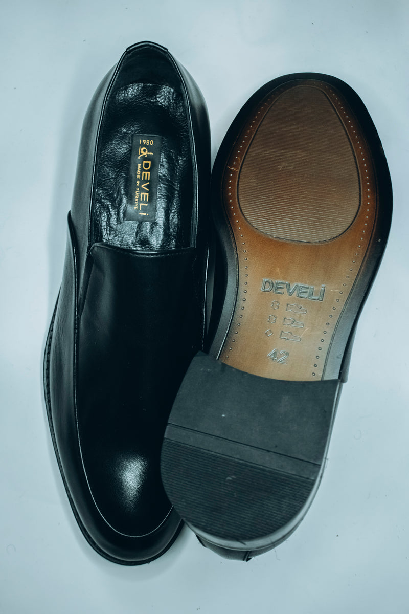DEVELI men's black leather slip-on shoes|moccasins|for a smart-casual look to wearing with a formal suit