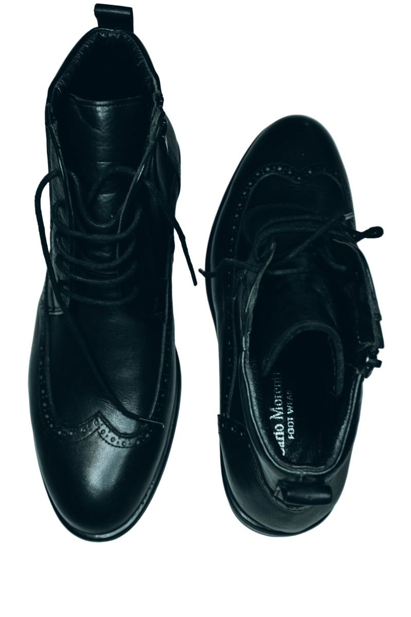 Mario Moren black leather ankle boots with brogue detailing|Lace-up front and Side zipper closure