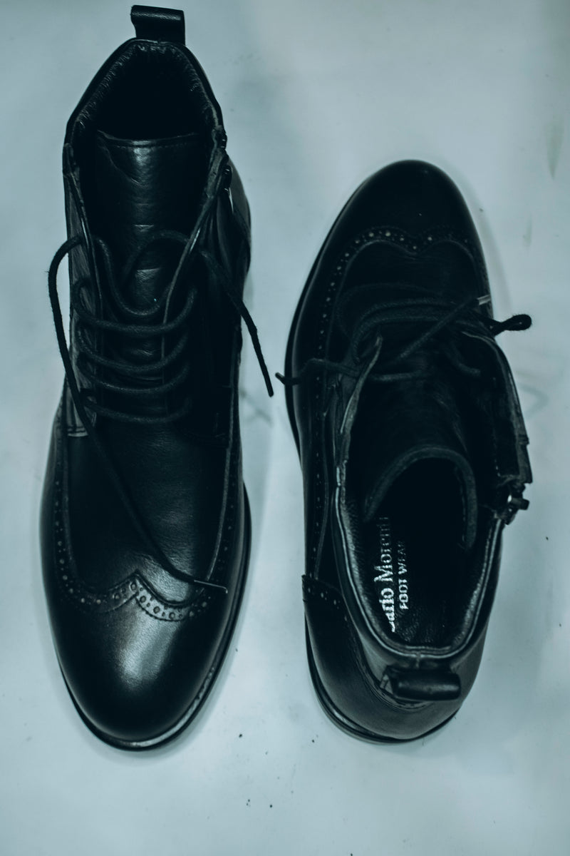 Mario Moren black leather ankle boots with brogue detailing|Lace-up front and Side zipper closure