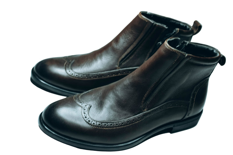 Viko Men's leather brogue ankle boots with a side zipper|feature a side zip closure for easy wear, in addition to the boot style|Dark brown.