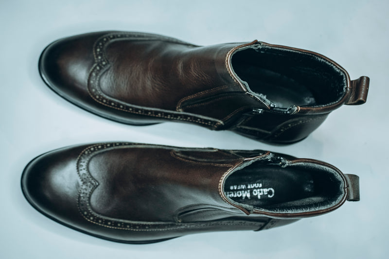 Viko Men's leather brogue ankle boots with a side zipper|feature a side zip closure for easy wear, in addition to the boot style|Dark brown.