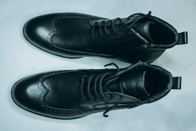 Mirko Osvaldo |men's black leather brogue ankle boots|dual-closure system with both laces for an adjustable fit and a side zipper for easy on and off.