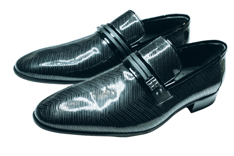 Rich, shiny black patent leather|Code-1163 formal or party shoes |by Supersoft / Marco Polo of Italy|Slip-on loafer with a textured pattern, luxury toe, and a metal buckle/strap detail|Designed for formal events or parties