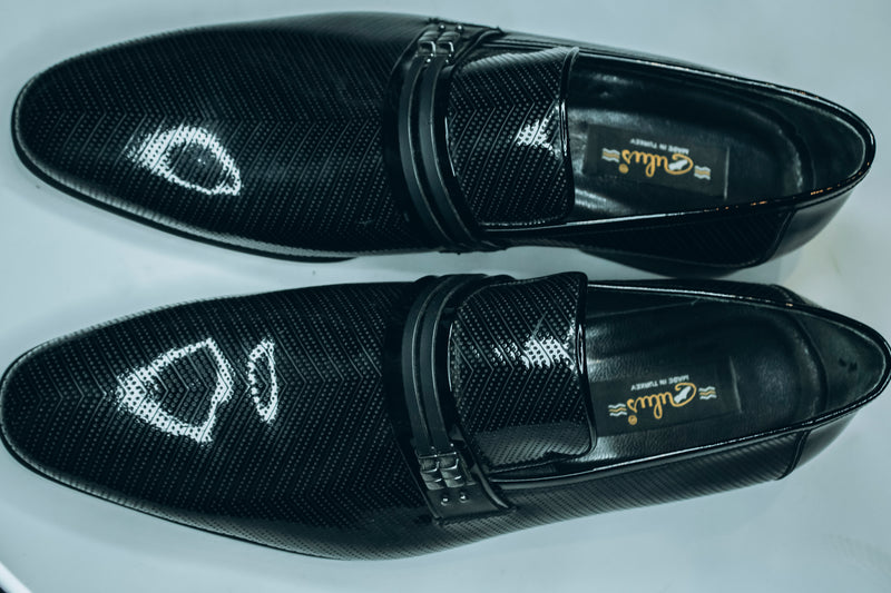 Rich, shiny black patent leather|Code-1163 formal or party shoes |by Supersoft / Marco Polo of Italy|Slip-on loafer with a textured pattern, luxury toe, and a metal buckle/strap detail|Designed for formal events or parties