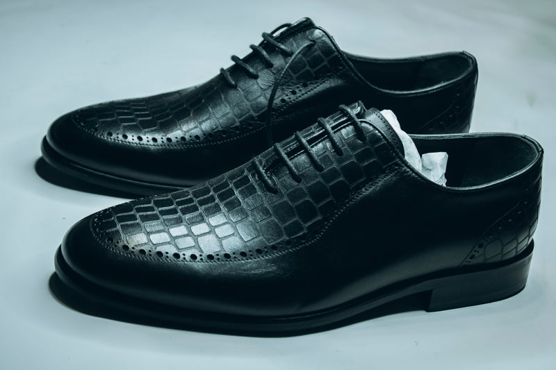 Ferromente men's black leather dress shoes|with a crocodile or alligator print/embossed texture and brogue detailing|suitable for various formal and smart-casual occasions