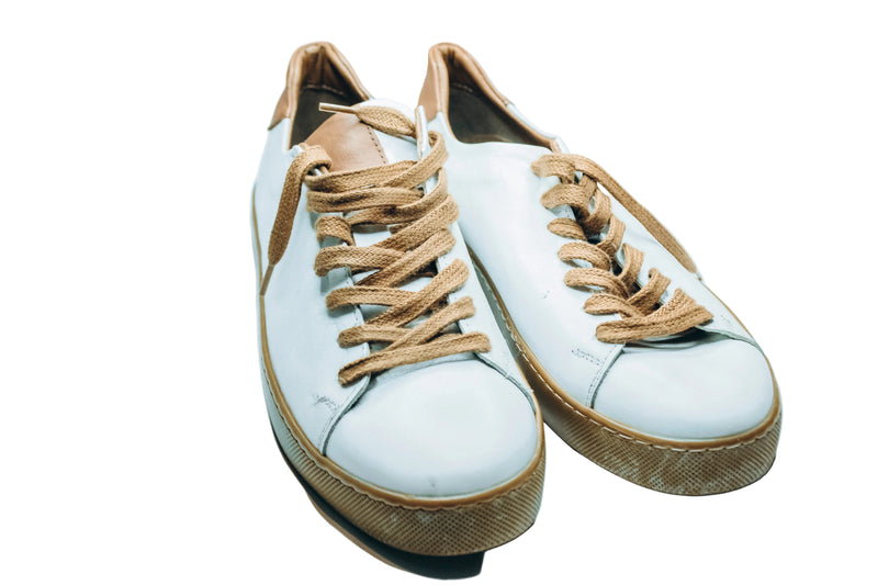 Marco Lanwhite leather sneakers with tan accents and brown laces|Low-top leather casual sneaker