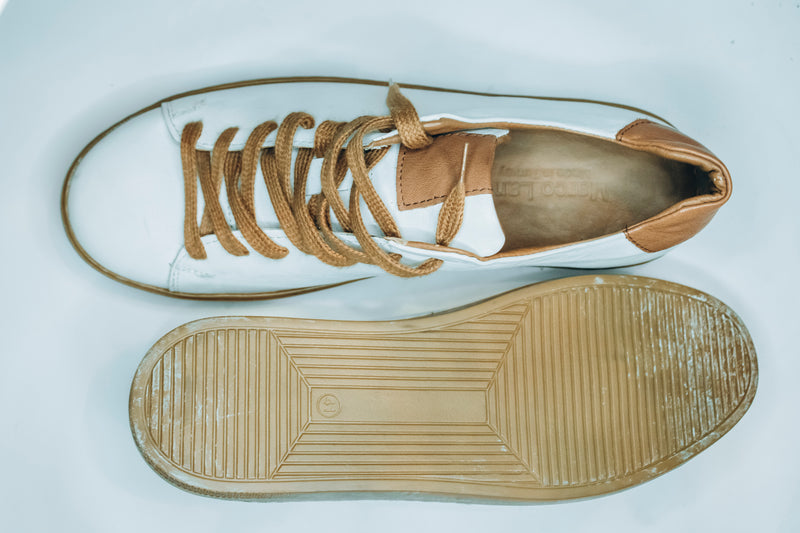 Marco Lanwhite leather sneakers with tan accents and brown laces|Low-top leather casual sneaker
