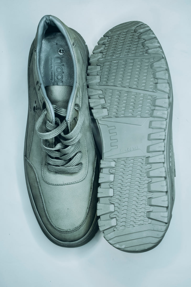 chunky, low-top grey sneakers