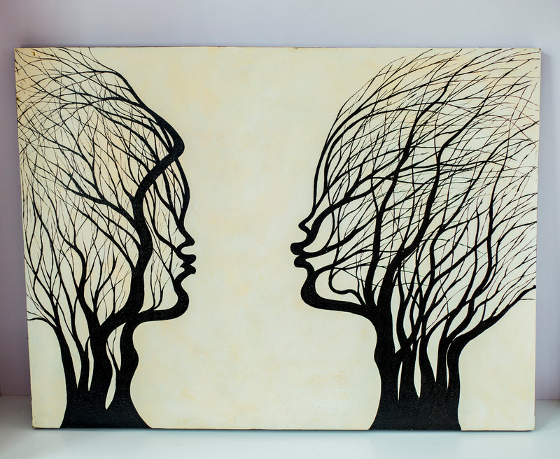 Artistic depiction of two profiles with tree branches as hair|Wall Art Tree of Life Wall Decor Office Decor |Wall Decorations for Living Room Aesthetic Design Christmas Housewarming Gift, Black, 60x30