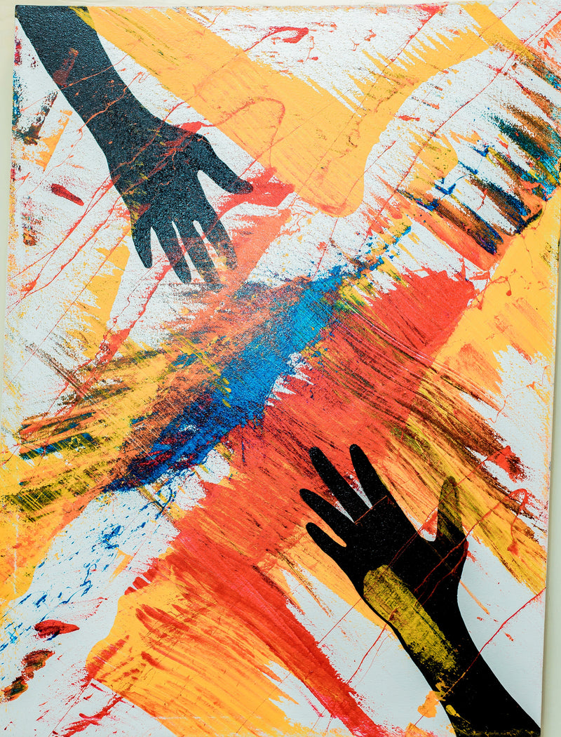 Abstract painting with two black hands reaching towards each other|Wall Decor Office Decor |Wall Decorations for Living Room|60x30