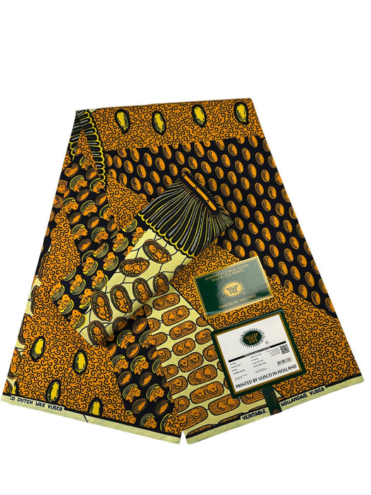 Veritable Wax- Hollandais|Printed by VLISCO in Holland|African print fabric with gold and black patterns