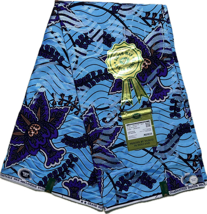 Grand Super-wax |Guaranteed Dutch Wax|Blocks Prints|Blue floral fabric with a gold ribbon