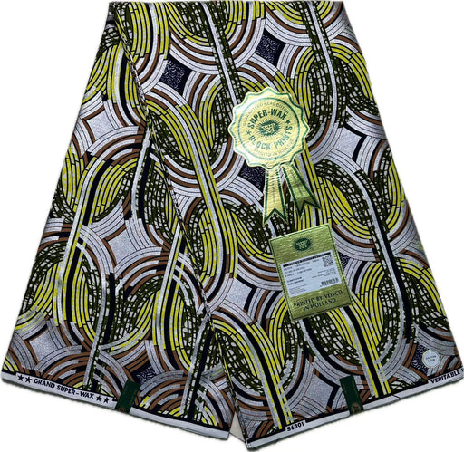 African print fabric with geometric pattern and brand label on a white background