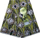 African print fabric with geometric pattern and brand label on a white background