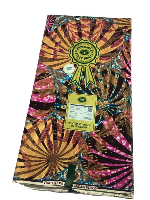 Decorative fabric with colorful patterns and visible branding on a white background