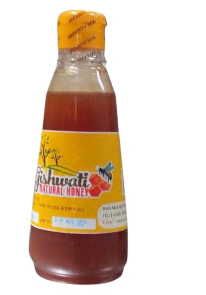 Bottle of Gishwati natural honey with a yellow label on a white background