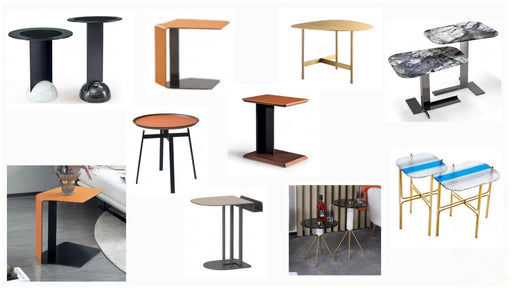 Collage of various small tables in different styles and designs on a white background.