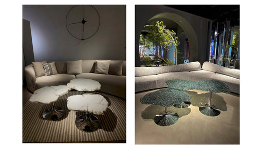 Two views of a modern living room with a sectional sofa and glass coffee table.