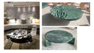 Collage of marble tables in a modern interior setting