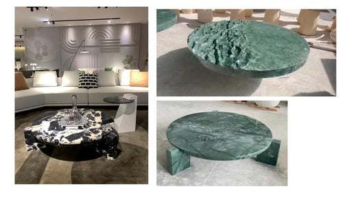 Collage of marble tables in a modern interior setting