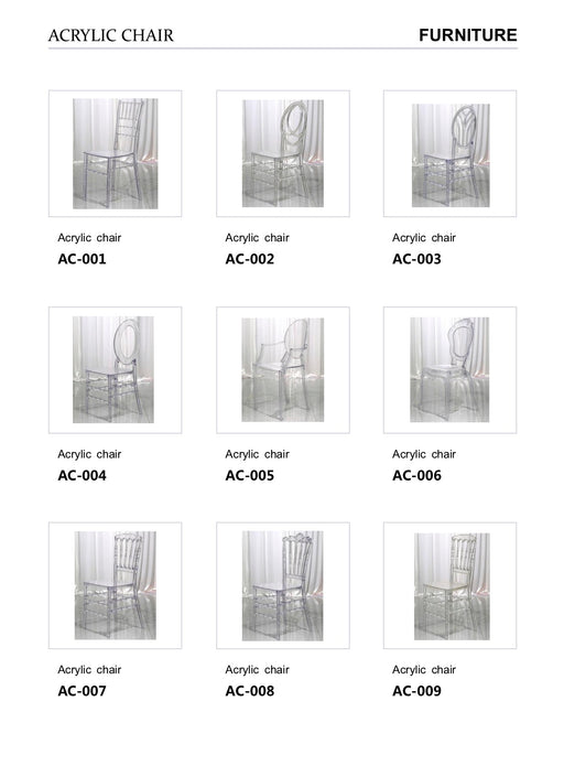 Grid of acrylic chairs labeled AC-001 to AC-009 under 'Furniture' category.