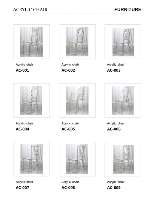 Grid of acrylic chairs labeled AC-001 to AC-009 under 'Furniture' category.