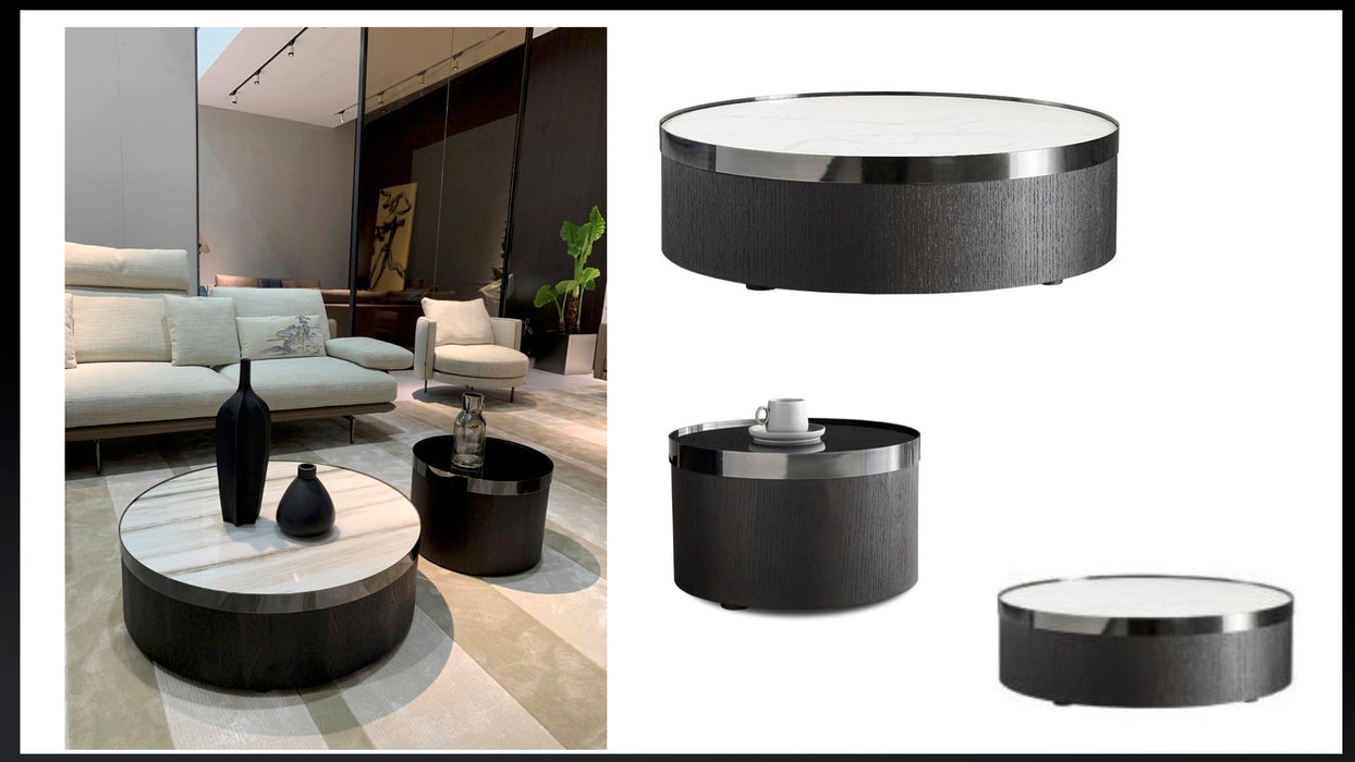 Mid-Century Modern Slate Round Stone Top Coffee Table - Small Apartment Living Room Glass Side Table - Simple Home Cocktail Table for a Stylish Look