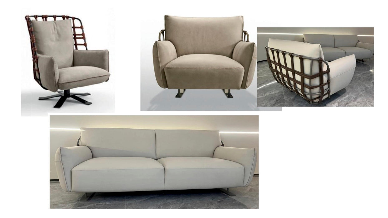 Cocoon swivel armchair in leather and ropes