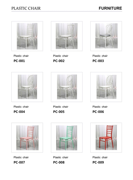 Grid of plastic chairs labeled PC-001 to PC-009 under 'Furniture' category.