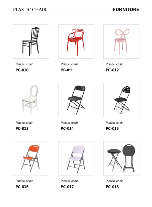 Grid of plastic chairs with labels on a white background