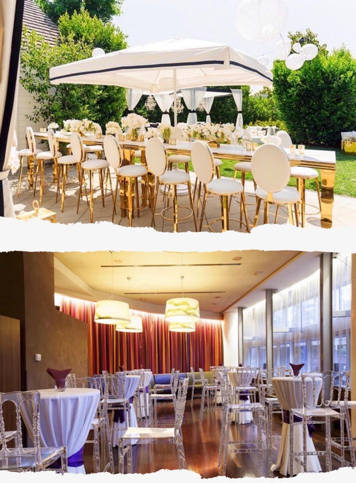 Top image: Outdoor wedding setup with tables, chairs, and large umbrella. Bottom image: Indoor event space with tables and chairs.