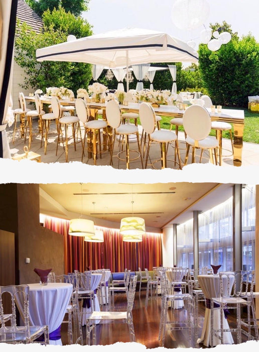 Top image: Outdoor wedding setup with tables, chairs, and large umbrella. Bottom image: Indoor event space with tables and chairs.