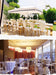 Top image: Outdoor wedding setup with tables, chairs, and large umbrella. Bottom image: Indoor event space with tables and chairs.