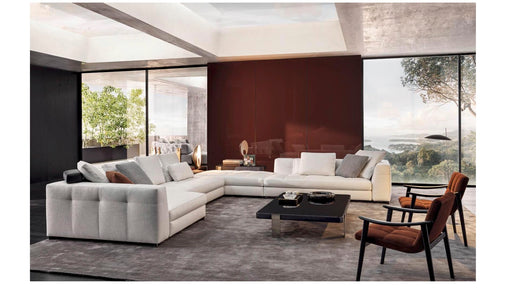 Modern living room with a sectional sofa, coffee table, and chairs.