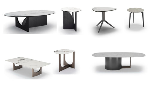 Set of modern tables with different designs on a white background