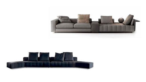 Gray sectional sofa with cushions on a white background