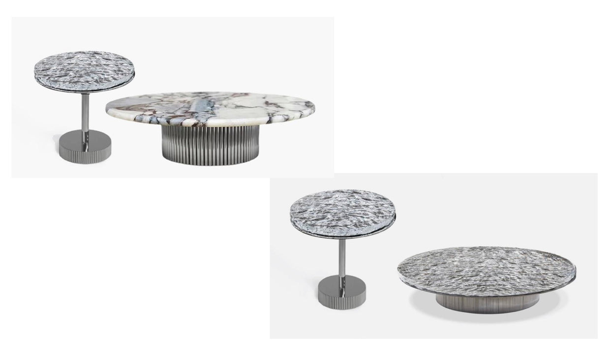Set of marble-patterned tables on a white background