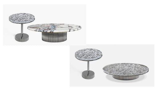 Set of marble-patterned tables on a white background