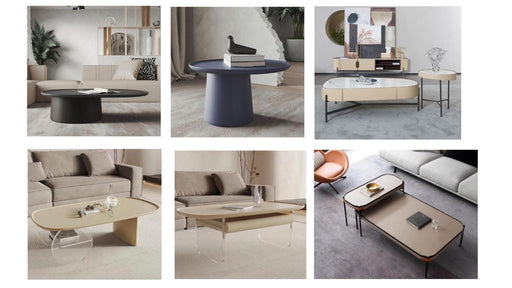 Collage of various coffee tables in a living room setting