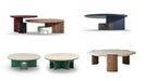 Collection of modern coffee tables in various colors and designs on a white background