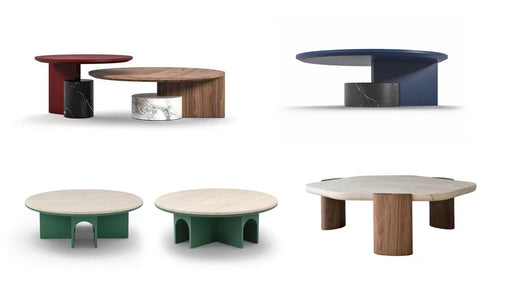 Collection of modern coffee tables in various colors and designs on a white background