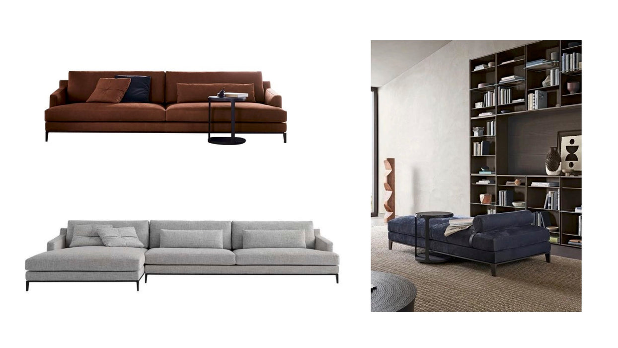Three different sofas shown in a collage with a minimalistic living room setting.
